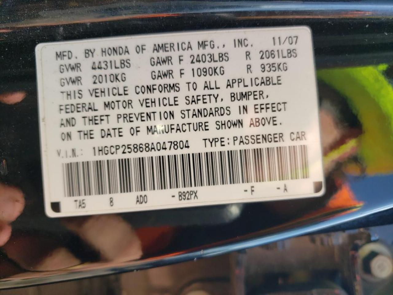 Photo 10 from auction – 2008 HONDA ACCORD EXL with VIN 1HGCP25868A047804