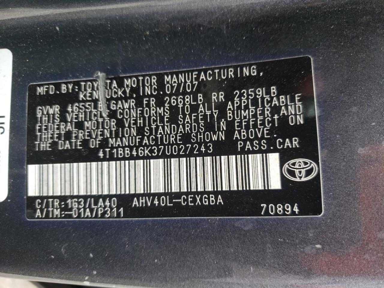 Photo 10 from auction – 2007 TOYOTA CAMRY HYBR with VIN 4T1BB46K37U027243
