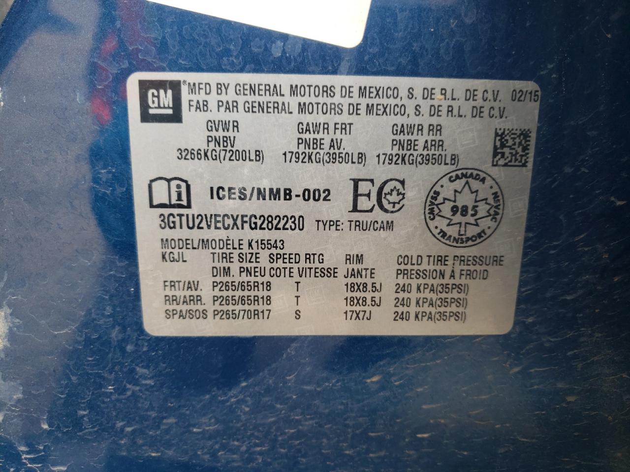 Photo 10 from auction – 2015 GMC SIERRA K15 with VIN 3GTU2VECXFG282230