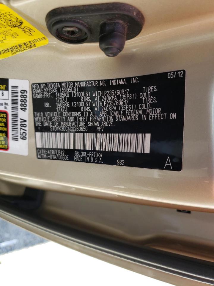 Photo 10 from auction – 2012 TOYOTA SIENNA XLE with VIN 5TDYK3DC4CS260650