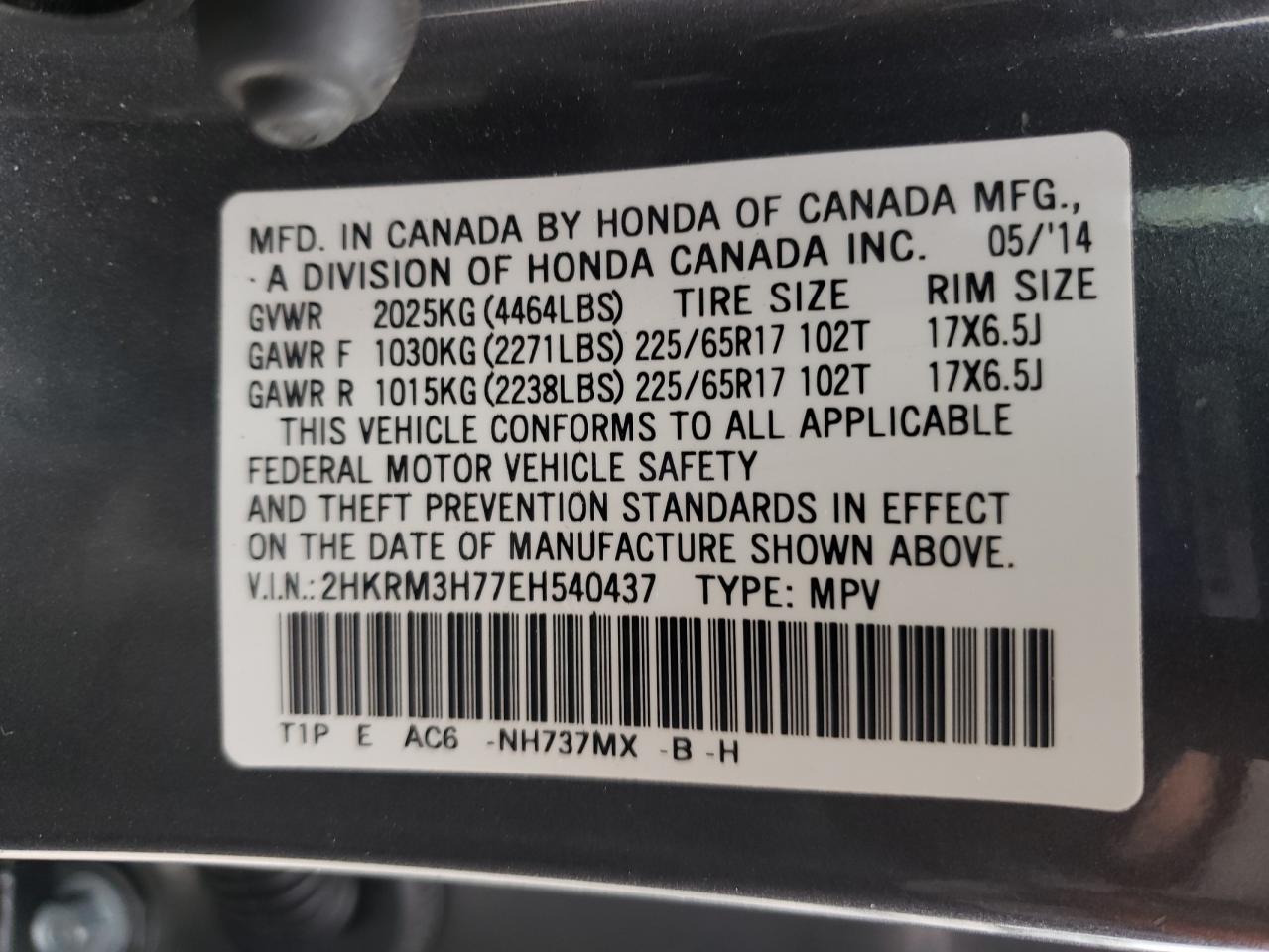 Photo 10 from auction – 2014 HONDA CR-V EXL with VIN 2HKRM3H77EH540437
