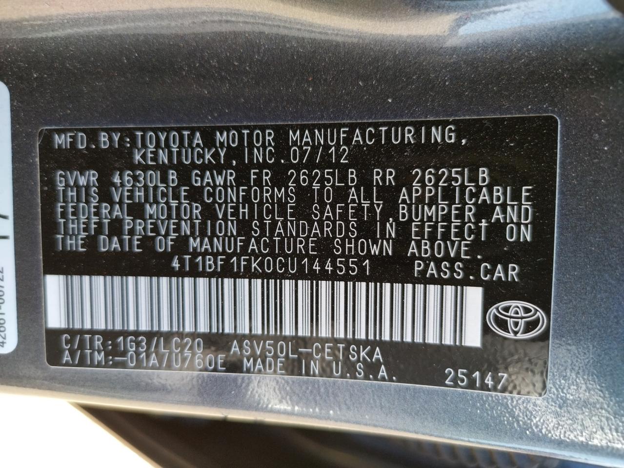 Photo 10 from auction – 2012 TOYOTA CAMRY BASE with VIN 4T1BF1FK0CU144551