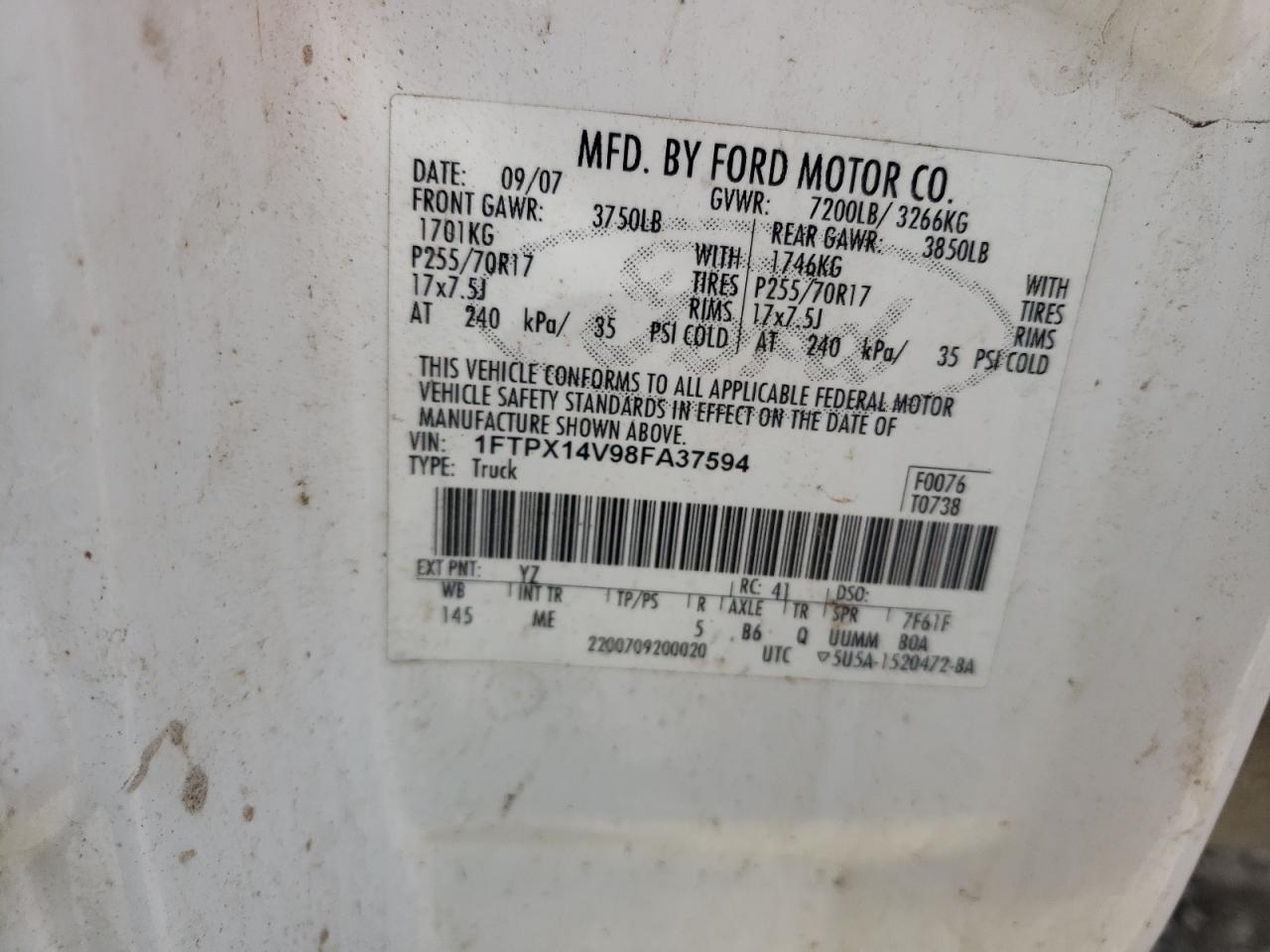 Photo 10 from auction – 2008 FORD F150 with VIN 1FTPX14V98FA37594