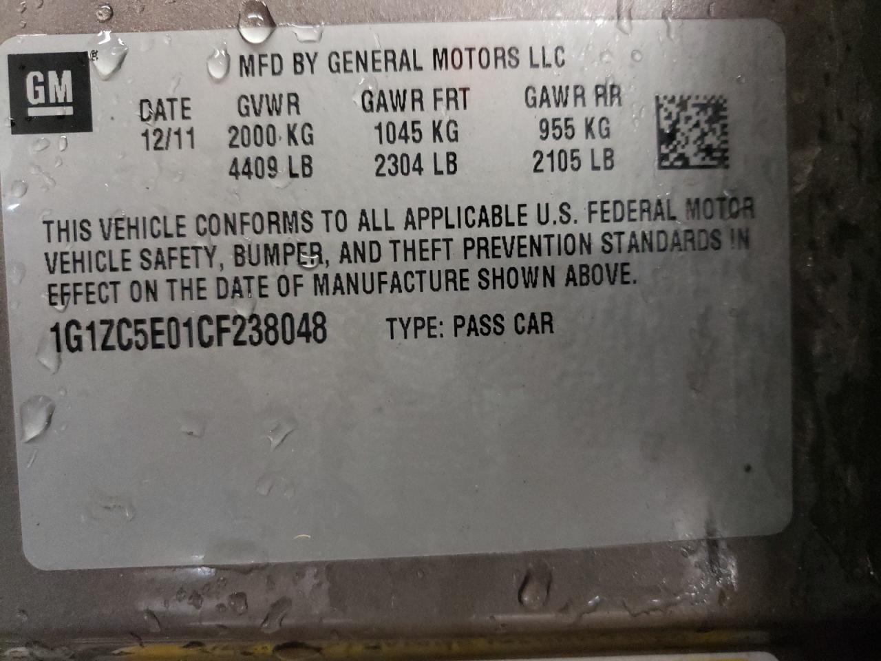 Photo 10 from auction – 2012 CHEVROLET MALIBU 1LT with VIN 1G1ZC5E01CF238048