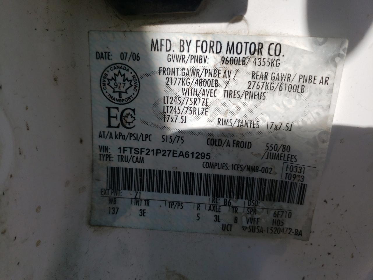 Photo 10 from auction – 2007 FORD F250 SUPER with VIN 1FTSF21P27EA61295