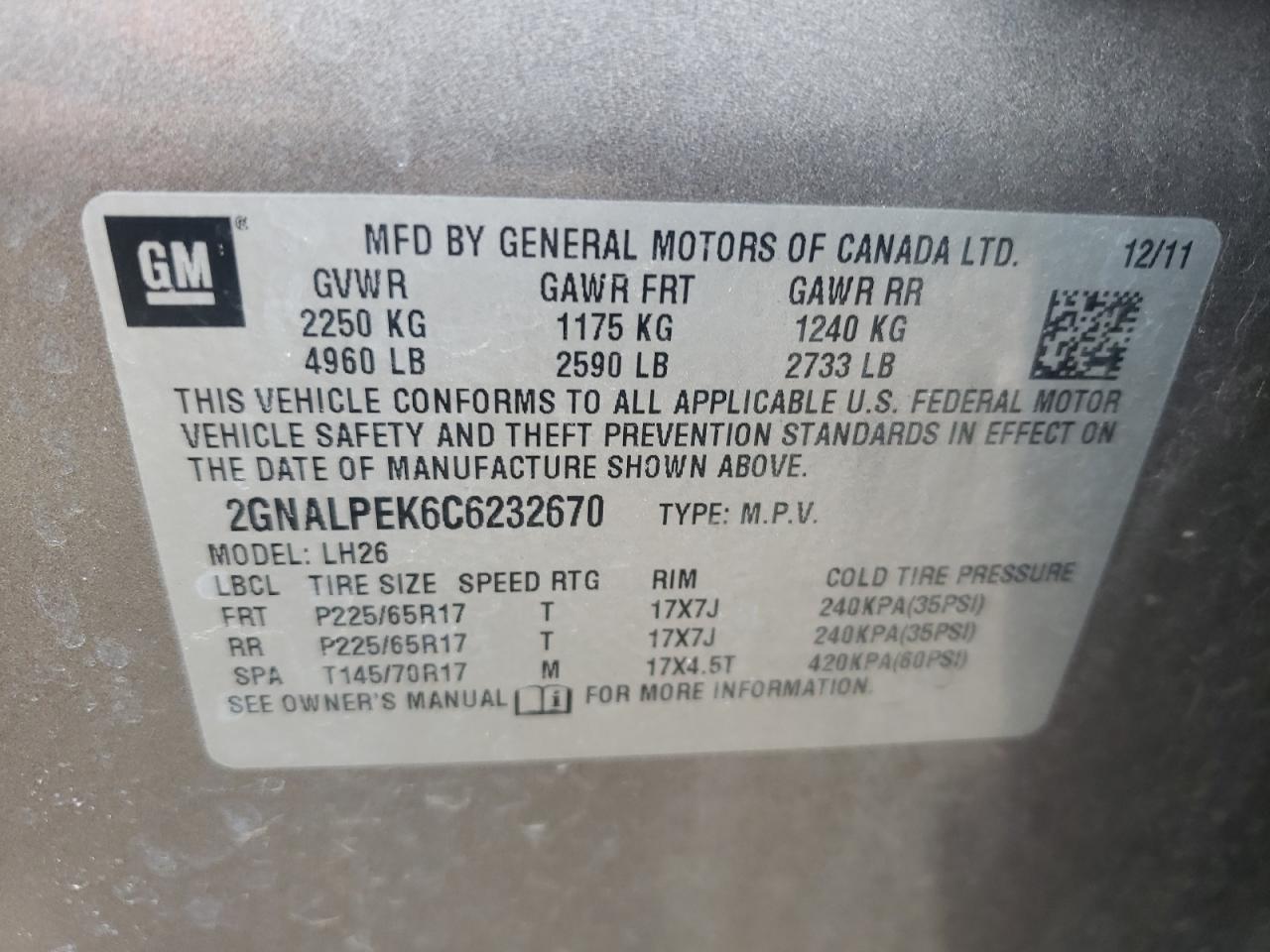 Photo 10 from auction – 2012 CHEVROLET EQUINOX LT with VIN 2GNALPEK6C6232670