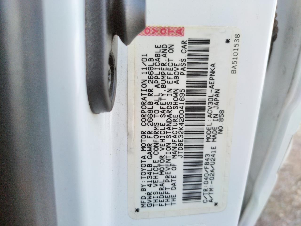 Photo 10 from auction – 2002 TOYOTA CAMRY LE with VIN JTDBE32K420041695