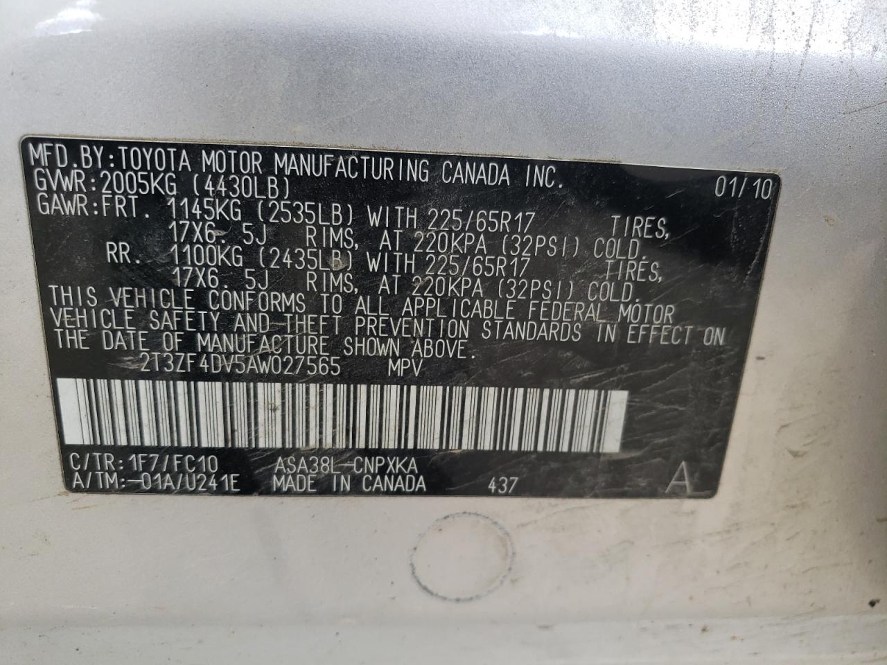 Photo 10 from auction – 2010 TOYOTA RAV4 with VIN 2T3ZF4DV5AW027565
