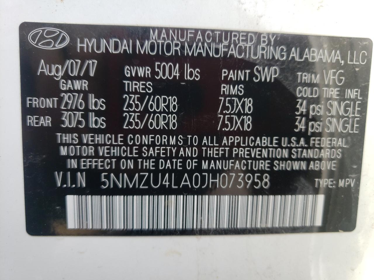 Photo 10 from auction – 2018 HYUNDAI SANTA FE S with VIN 5NMZU4LA0JH073958