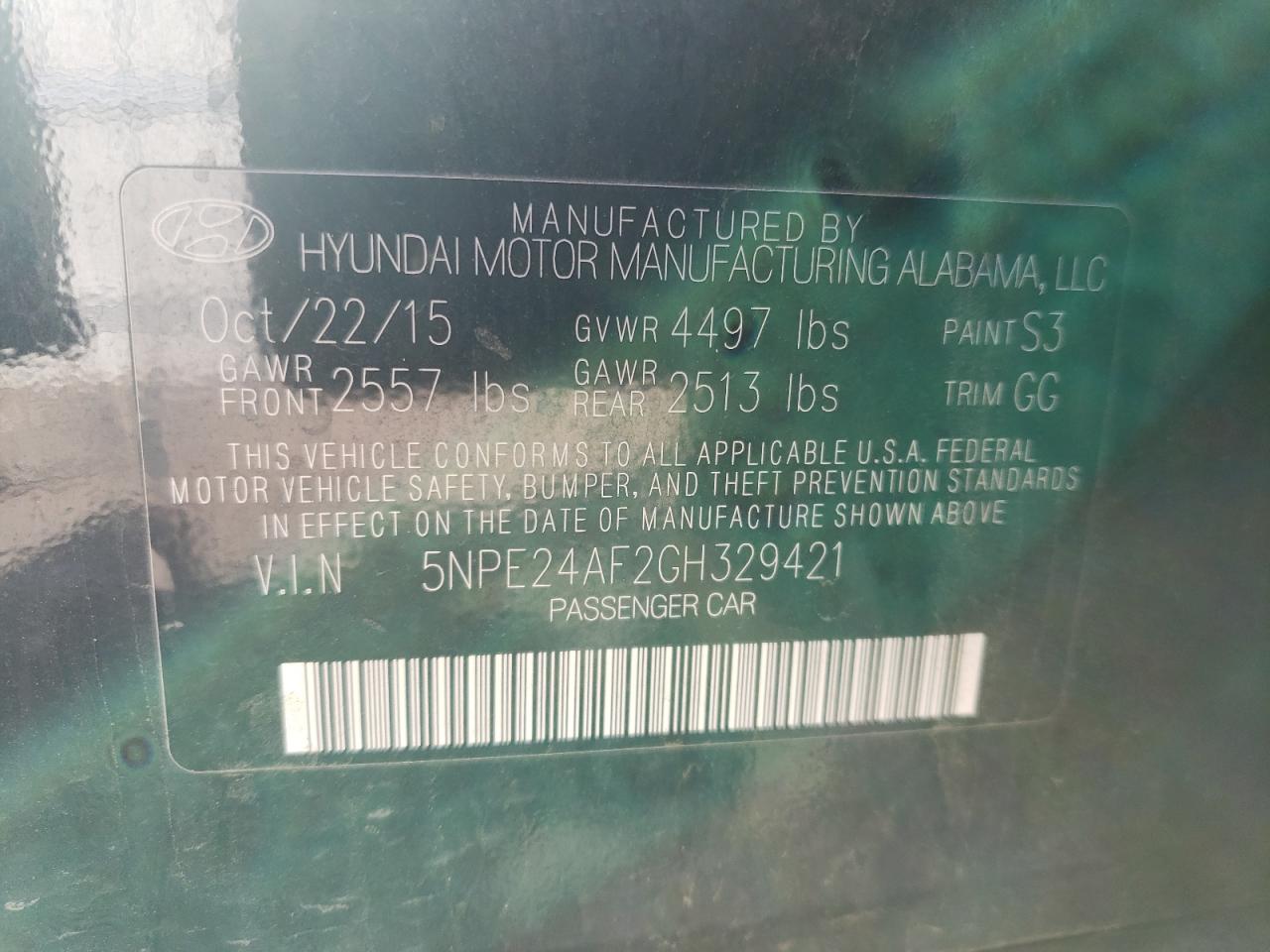 Photo 10 from auction – 2016 HYUNDAI SONATA SE with VIN 5NPE24AF2GH329421