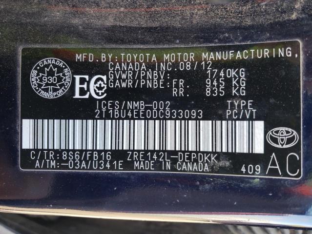Photo 10 from auction – 2013 TOYOTA COROLLA BA with VIN 2T1BU4EE0DC933093