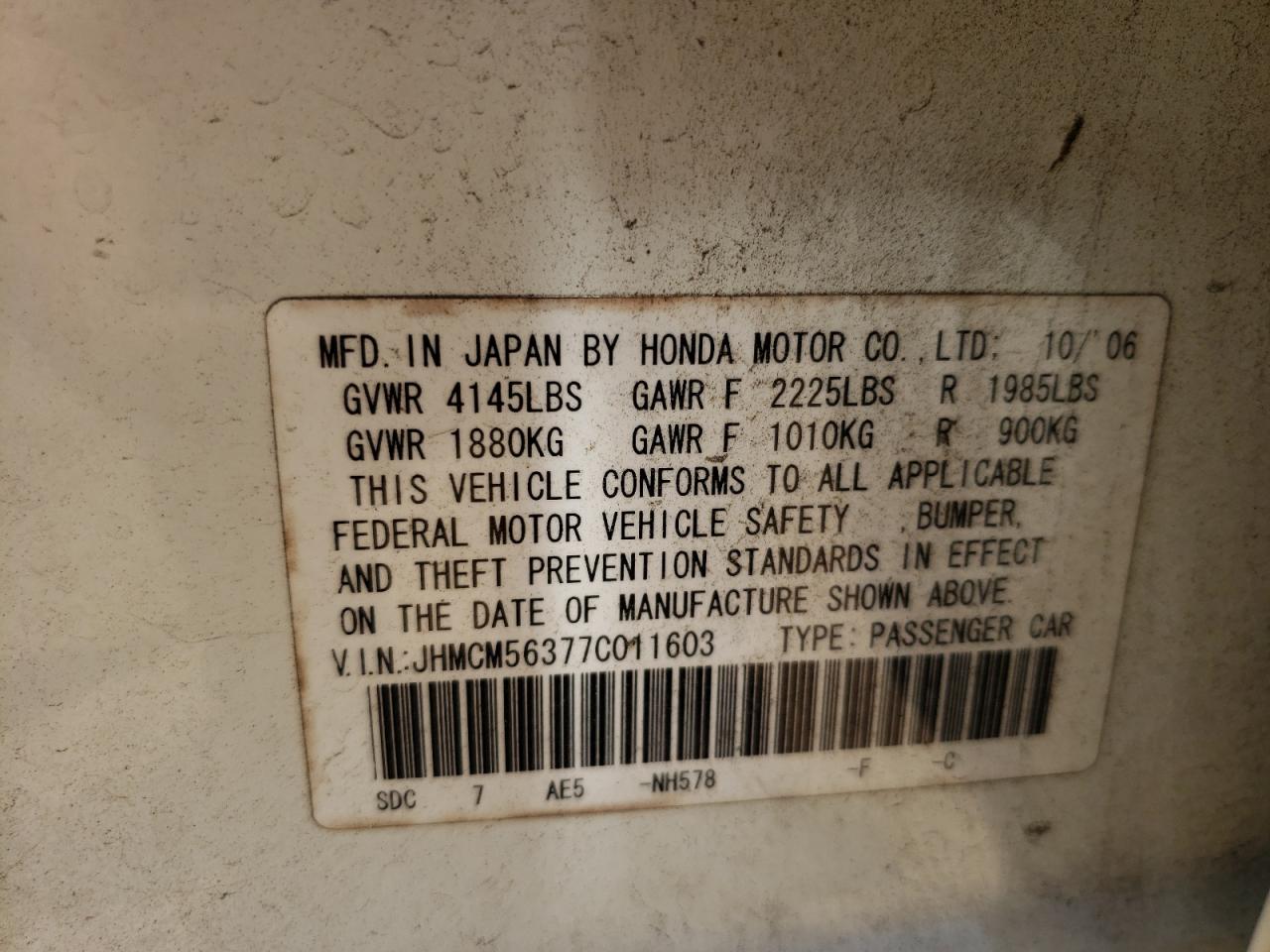Photo 10 from auction – 2007 HONDA ACCORD SE with VIN JHMCM56377C011603