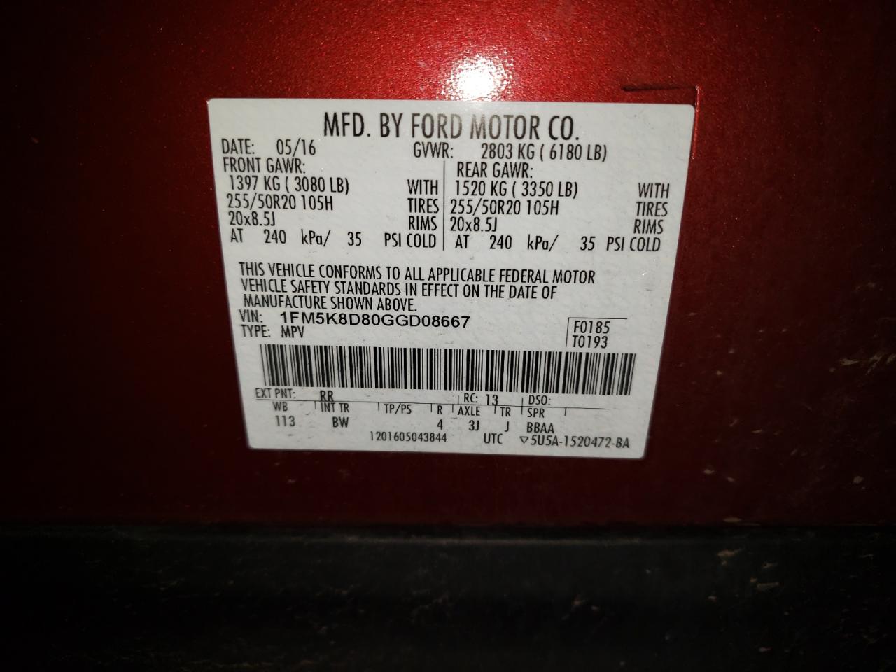 Photo 10 from auction – 2016 FORD EXPLORER X with VIN 1FM5K8D80GGD08667