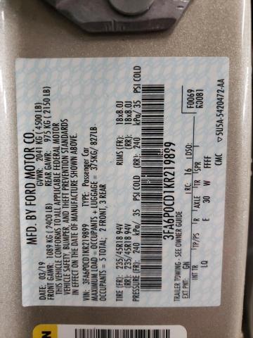 Photo 10 from auction – 2019 FORD FUSION SEL with VIN 3FA6P0CD1KR219899