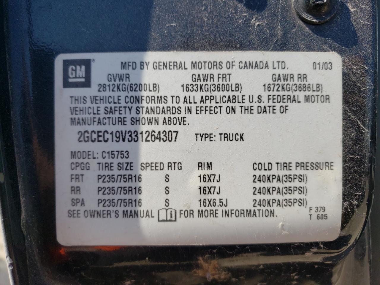 Photo 10 from auction – 2003 CHEVROLET SILVERADO with VIN 2GCEC19V331264307