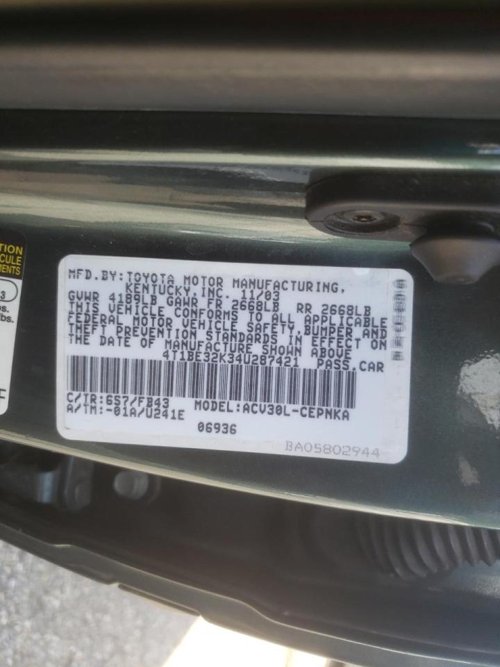 Photo 10 from auction – 2004 TOYOTA CAMRY LE with VIN 4T1BE32K34U287421