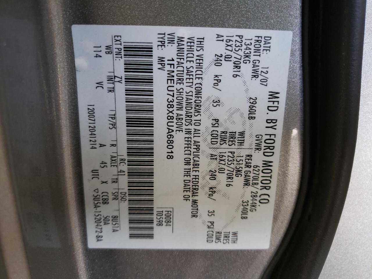 Photo 10 from auction – 2008 FORD EXPLORER X with VIN 1FMEU738X8UA68018