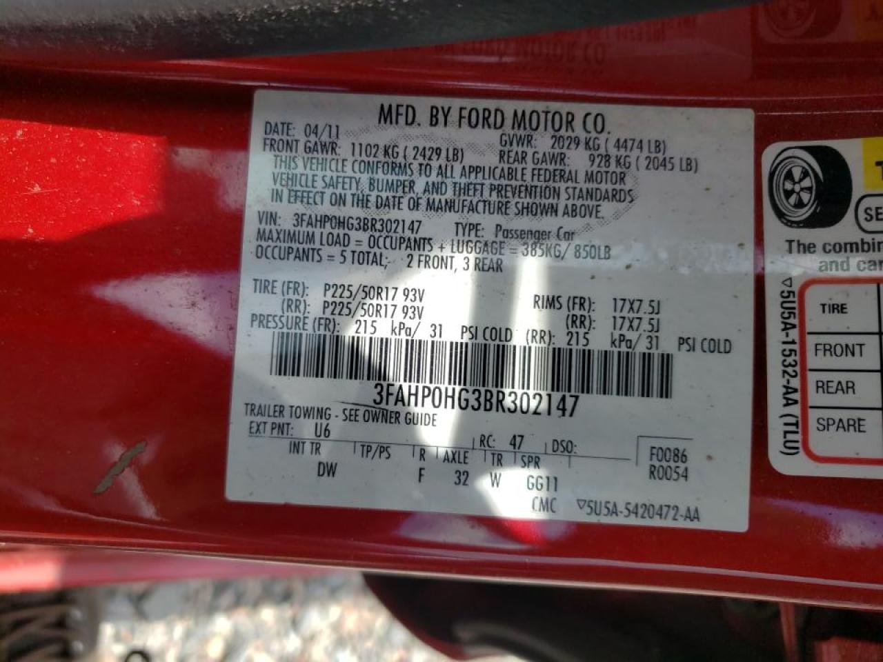 Photo 10 from auction – 2011 FORD FUSION SE with VIN 3FAHP0HG3BR302147