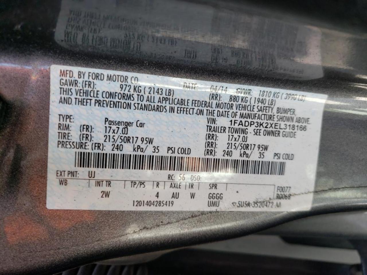 Foto 10 de la subasta – 2014 FORD FOCUS SE con VIN 1FADP3K2XEL318166