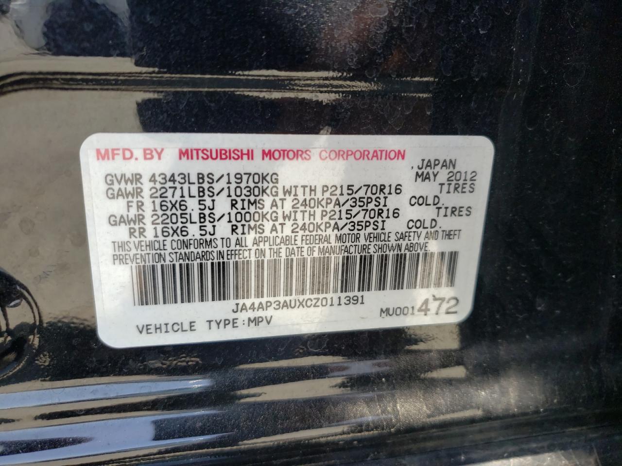 Photo 10 from auction – 2012 MITSUBISHI OUTLANDER with VIN JA4AP3AUXCZ011391