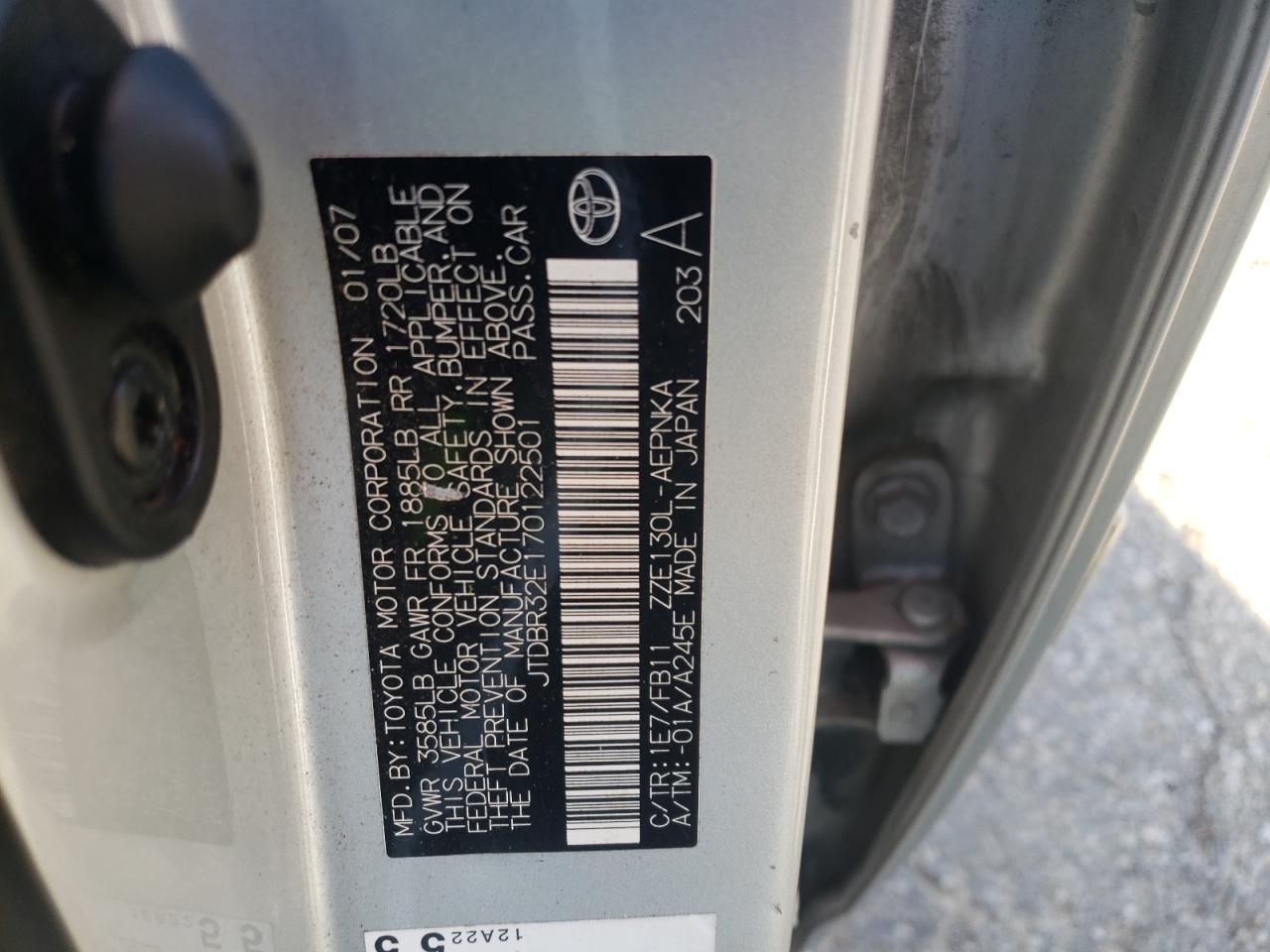 Photo 10 from auction – 2007 TOYOTA COROLLA with VIN JTDBR32E170122501