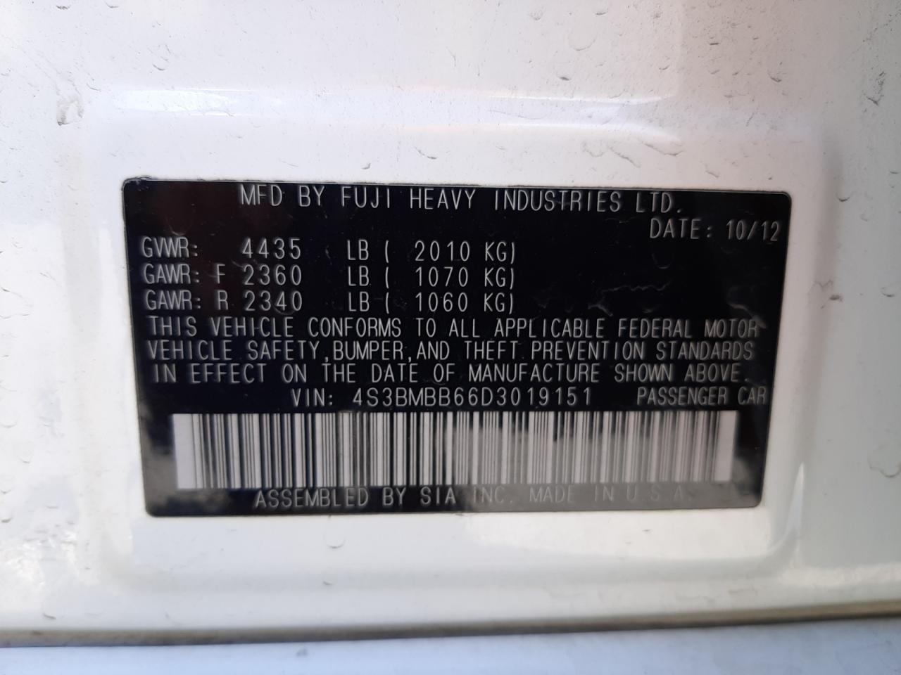 Photo 10 from auction – 2013 SUBARU LEGACY 2.5 with VIN 4S3BMBB66D3019151