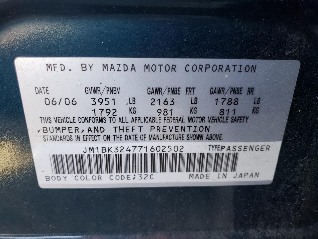 Photo 10 from auction – 2007 MAZDA 3 S with VIN JM1BK324771602502