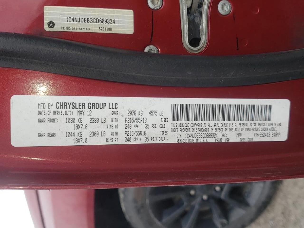Photo 10 from auction – 2012 JEEP COMPASS LA with VIN 1C4NJDEB3CD689324