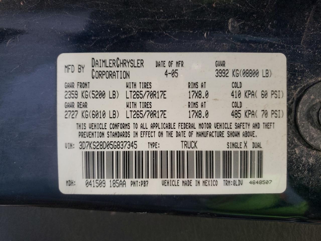 Photo 10 from auction – 2005 DODGE RAM 2500 S with VIN 3D7KS28D05G837345