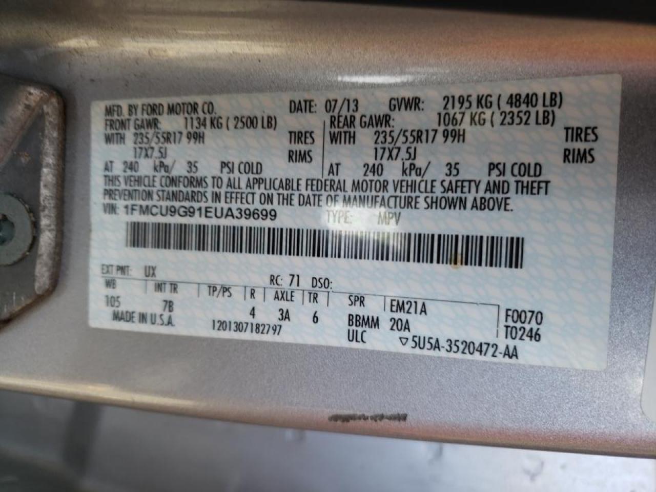 Photo 10 from auction – 2014 FORD ESCAPE SE with VIN 1FMCU9G91EUA39699