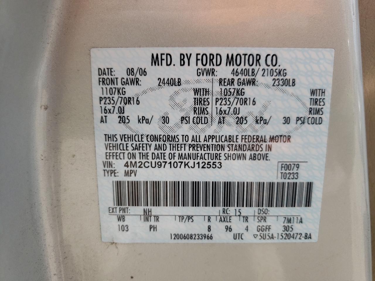 Photo 10 from auction – 2007 MERCURY MARINER PR with VIN 4M2CU97107KJ12553