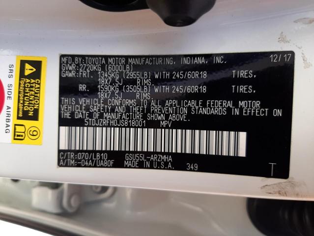 Photo 10 from auction – 2018 TOYOTA HIGHLANDER with VIN 5TDJZRFH0JS818001