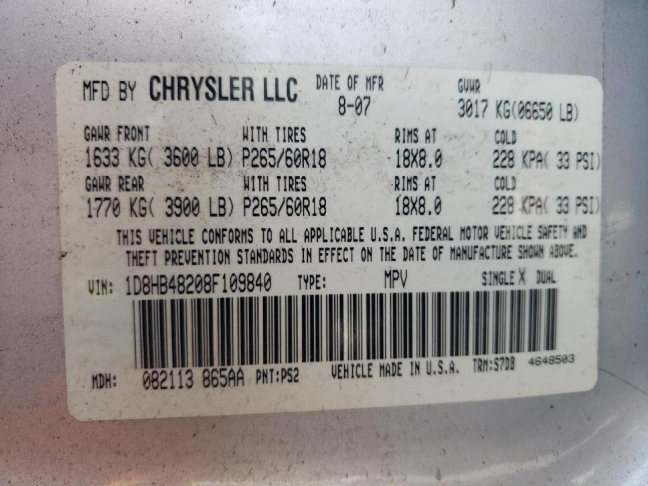 Photo 10 from auction – 2008 DODGE DURANGO SL with VIN 1D8HB48208F109840