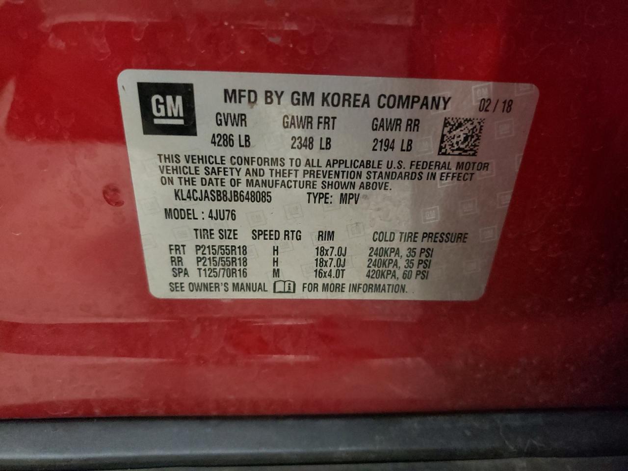 Photo 10 from auction – 2018 BUICK ENCORE PRE with VIN KL4CJASB8JB648085
