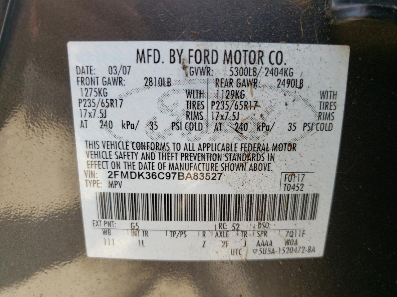 Photo 10 from auction – 2007 FORD EDGE SE with VIN 2FMDK36C97BA83527