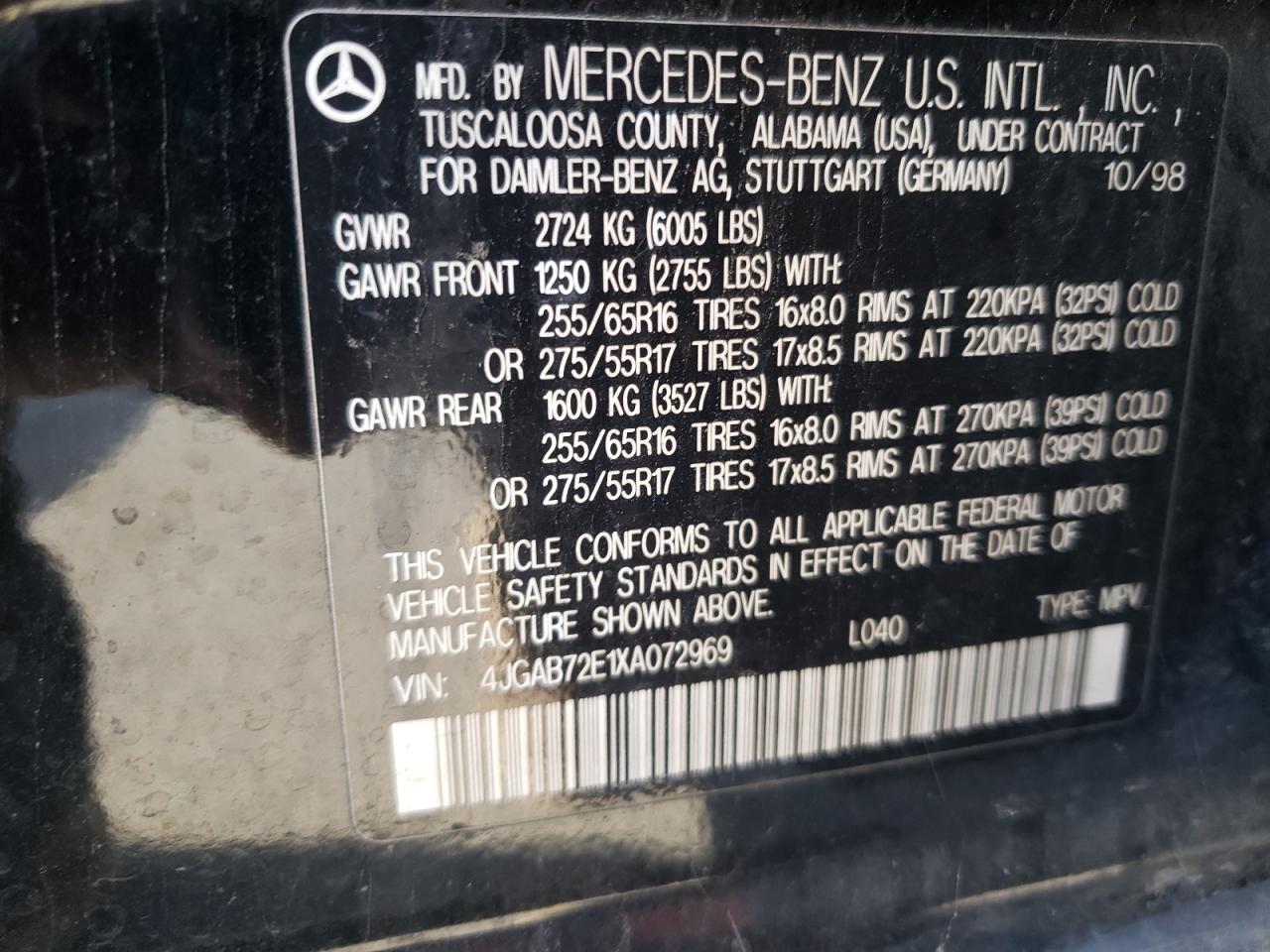 Photo 11 from auction – 1999 MERCEDES-BENZ ML-CLASS with VIN 4JGAB72E1XA072969