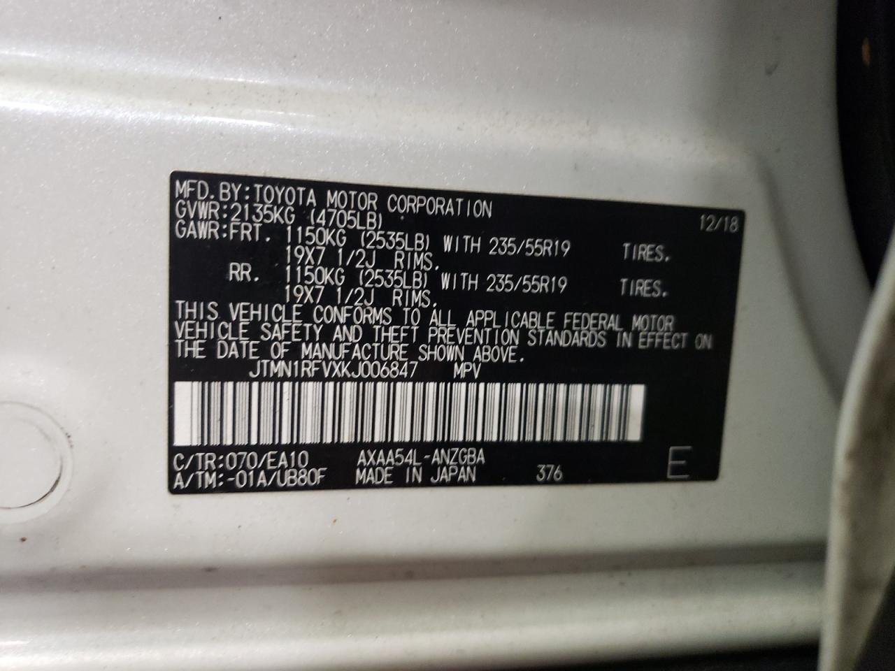 Photo 10 from auction – 2019 TOYOTA RAV4 LIMIT with VIN JTMN1RFVXKJ006847