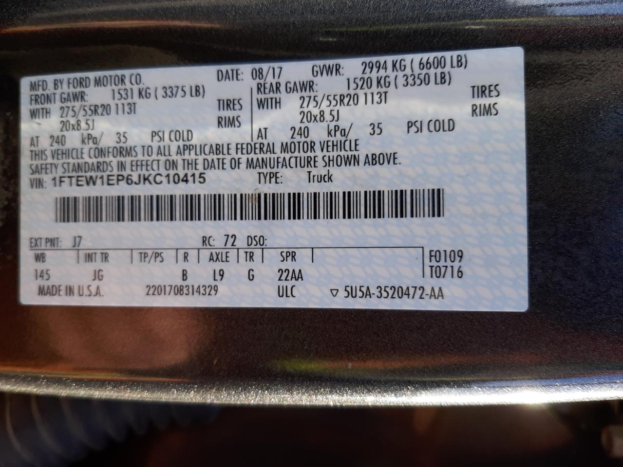 Photo 10 from auction – 2018 FORD F150 SUPER with VIN 1FTEW1EP6JKC10415