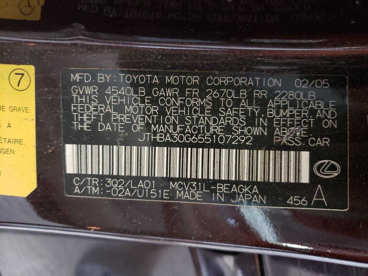 Фото 10 с аукциона – 2005 LEXUS ES 330 с VIN JTHBA30G655107292