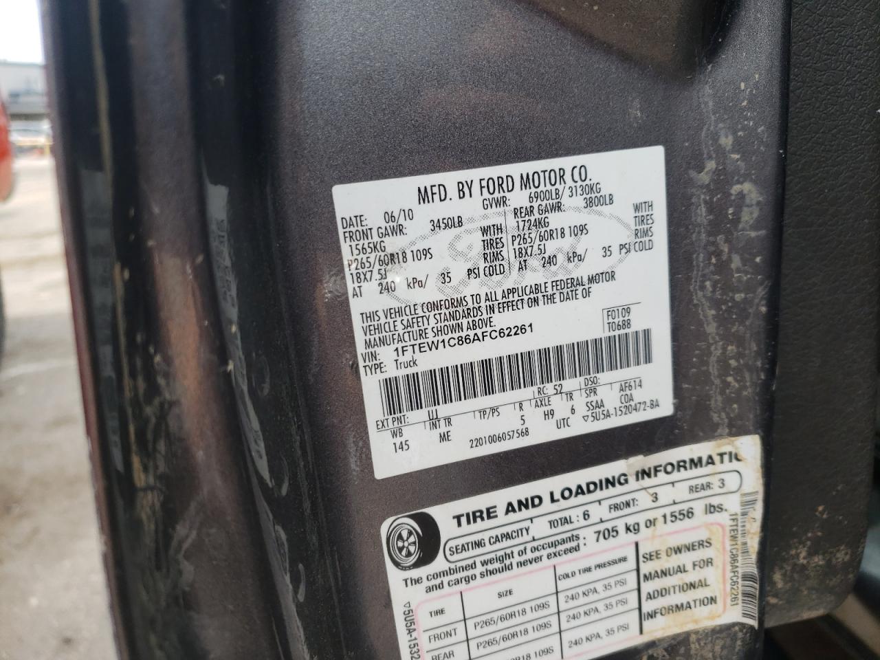 Photo 10 from auction – 2010 FORD F150 SUPER with VIN 1FTEW1C86AFC62261