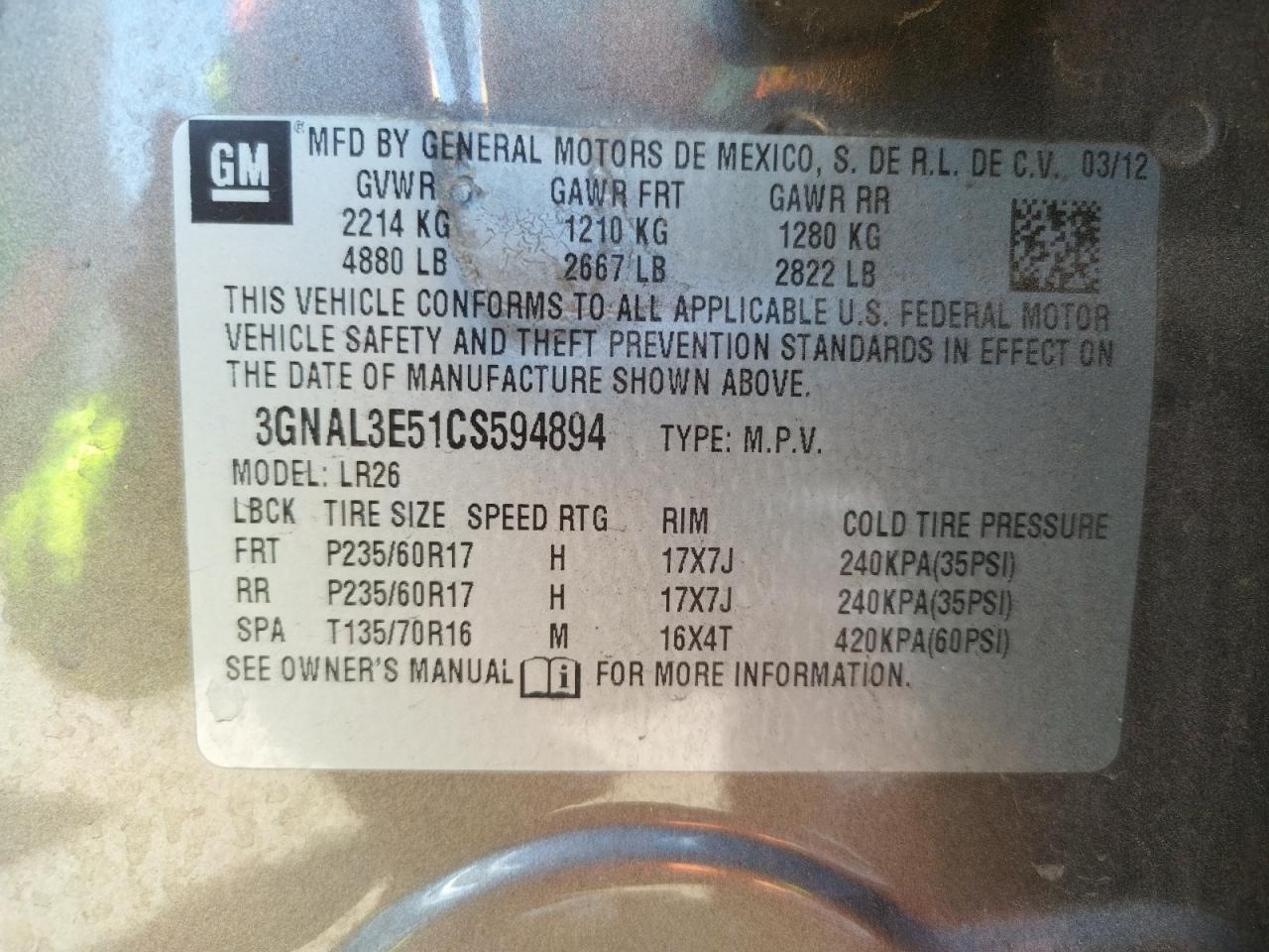 Foto 10 de la subasta – 2012 CHEVROLET CAPTIVA SP con VIN 3GNAL3E51CS594894