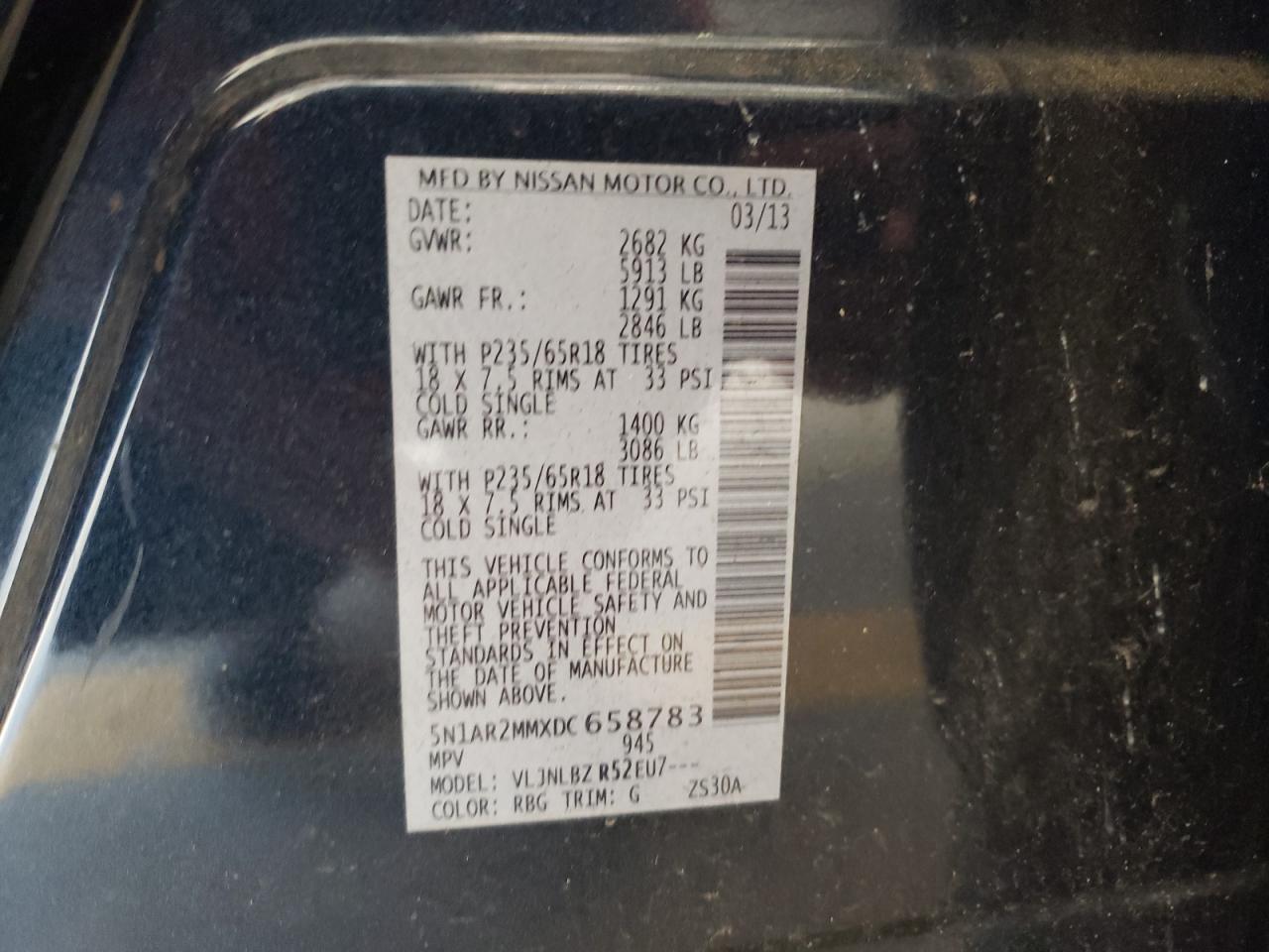 Photo 10 from auction – 2013 NISSAN PATHFINDER with VIN 5N1AR2MMXDC658783