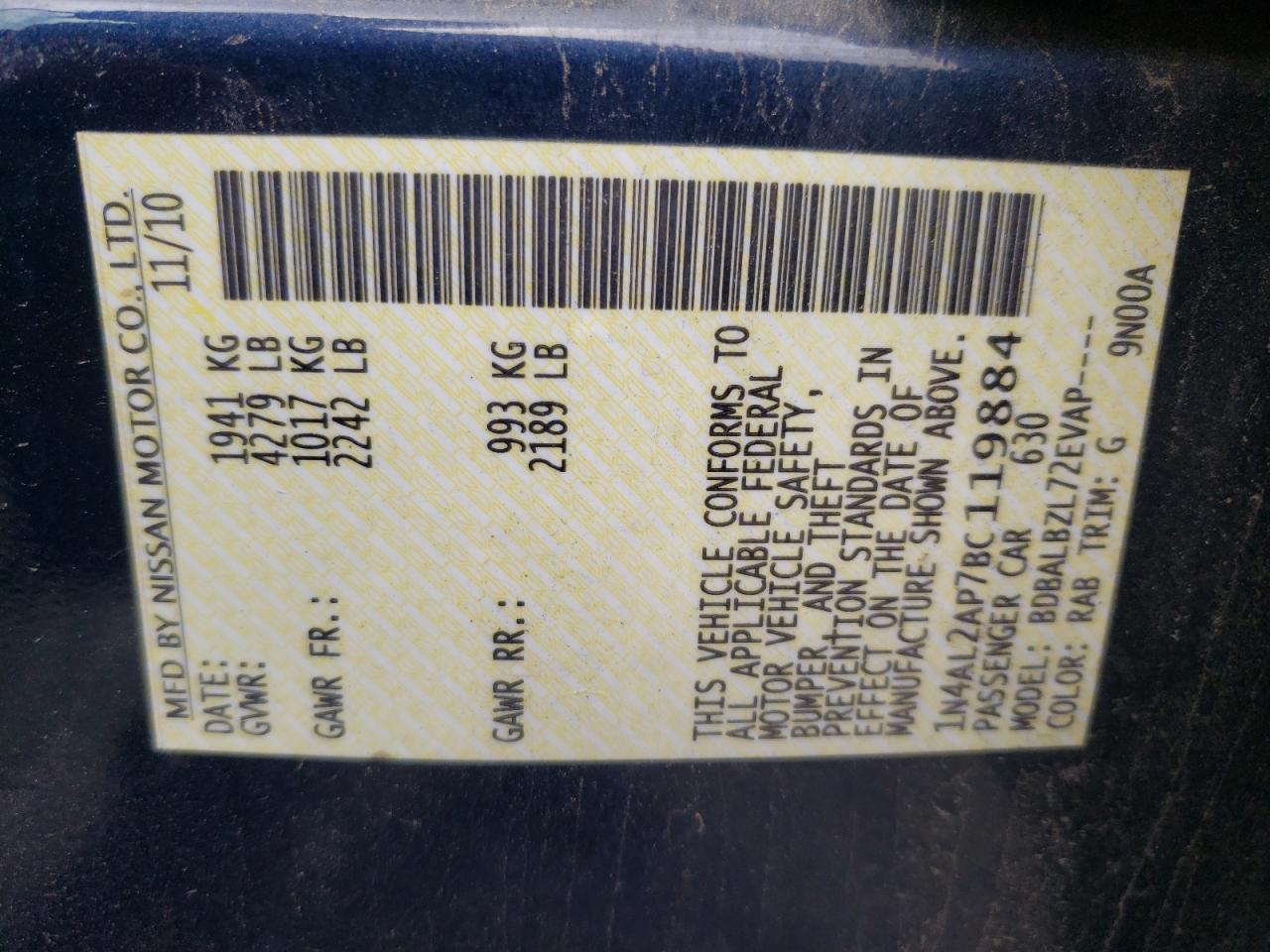 Photo 10 from auction – 2011 NISSAN ALTIMA BAS with VIN 1N4AL2AP7BC119884