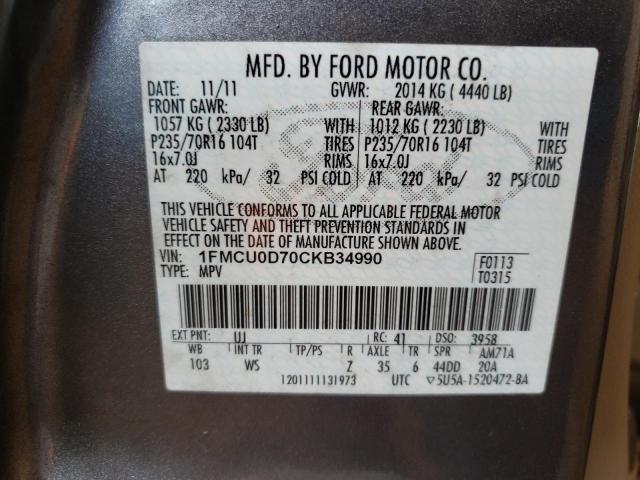 Photo 10 from auction – 2012 FORD ESCAPE XLT with VIN 1FMCU0D70CKB34990