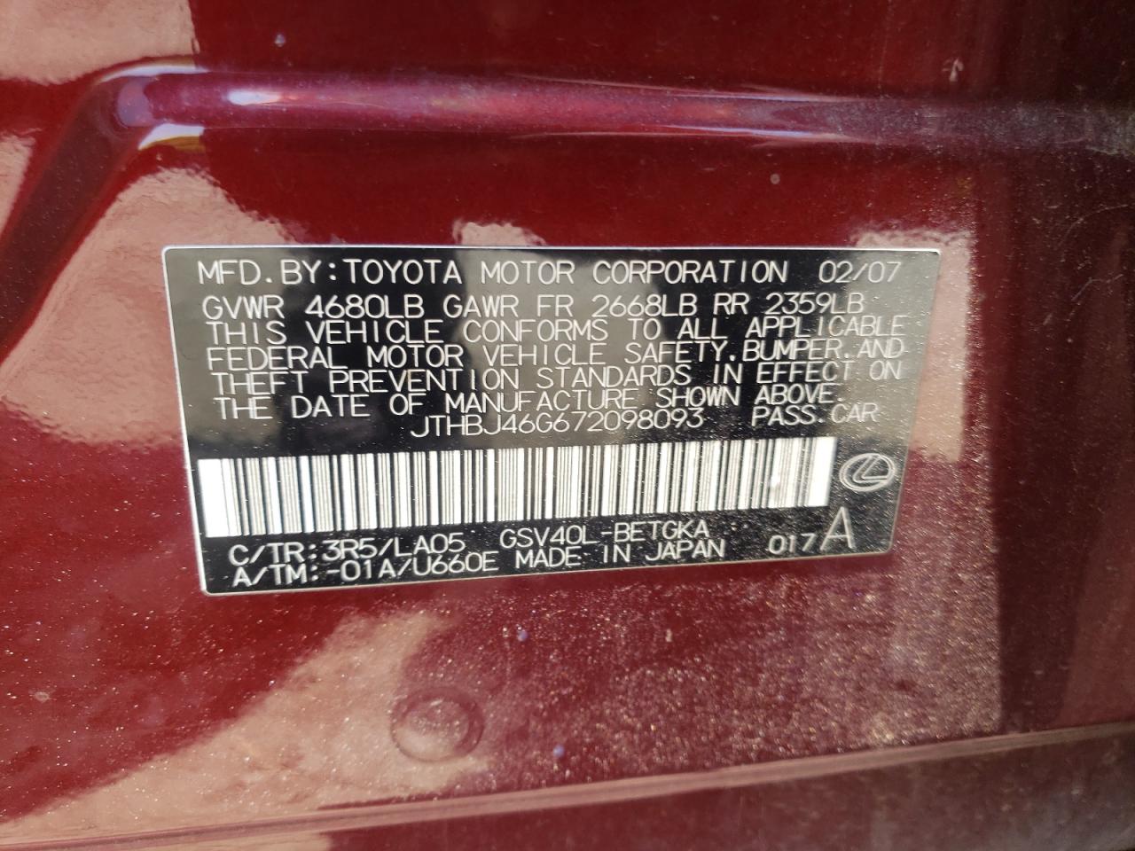 Photo 10 from auction – 2007 LEXUS ES 350 with VIN JTHBJ46G672098093
