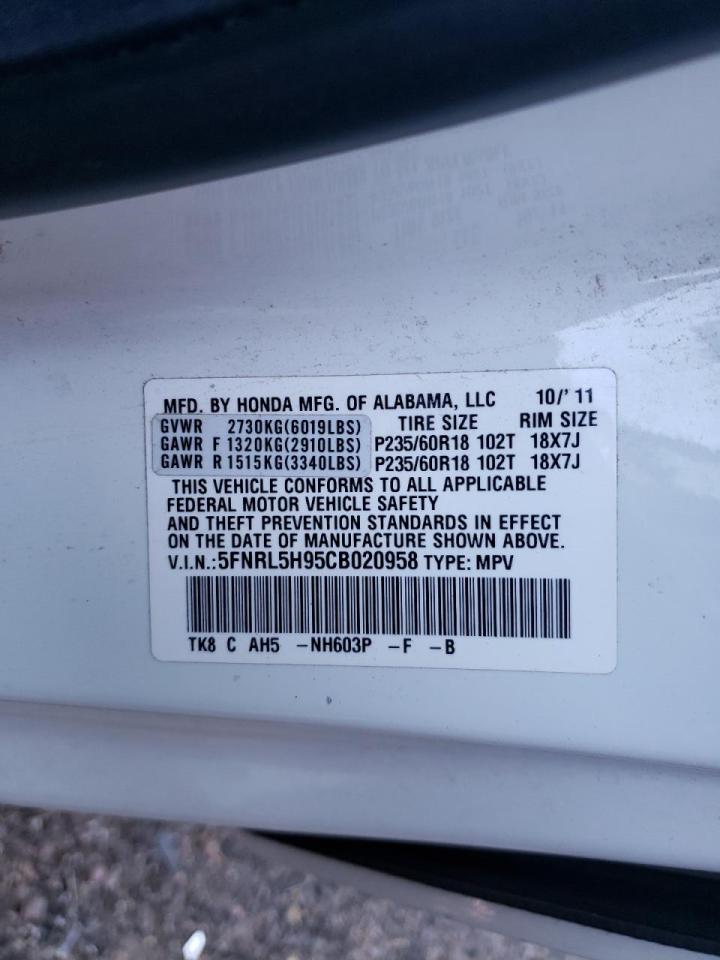 Photo 10 from auction – 2012 HONDA ODYSSEY TO with VIN 5FNRL5H95CB020958
