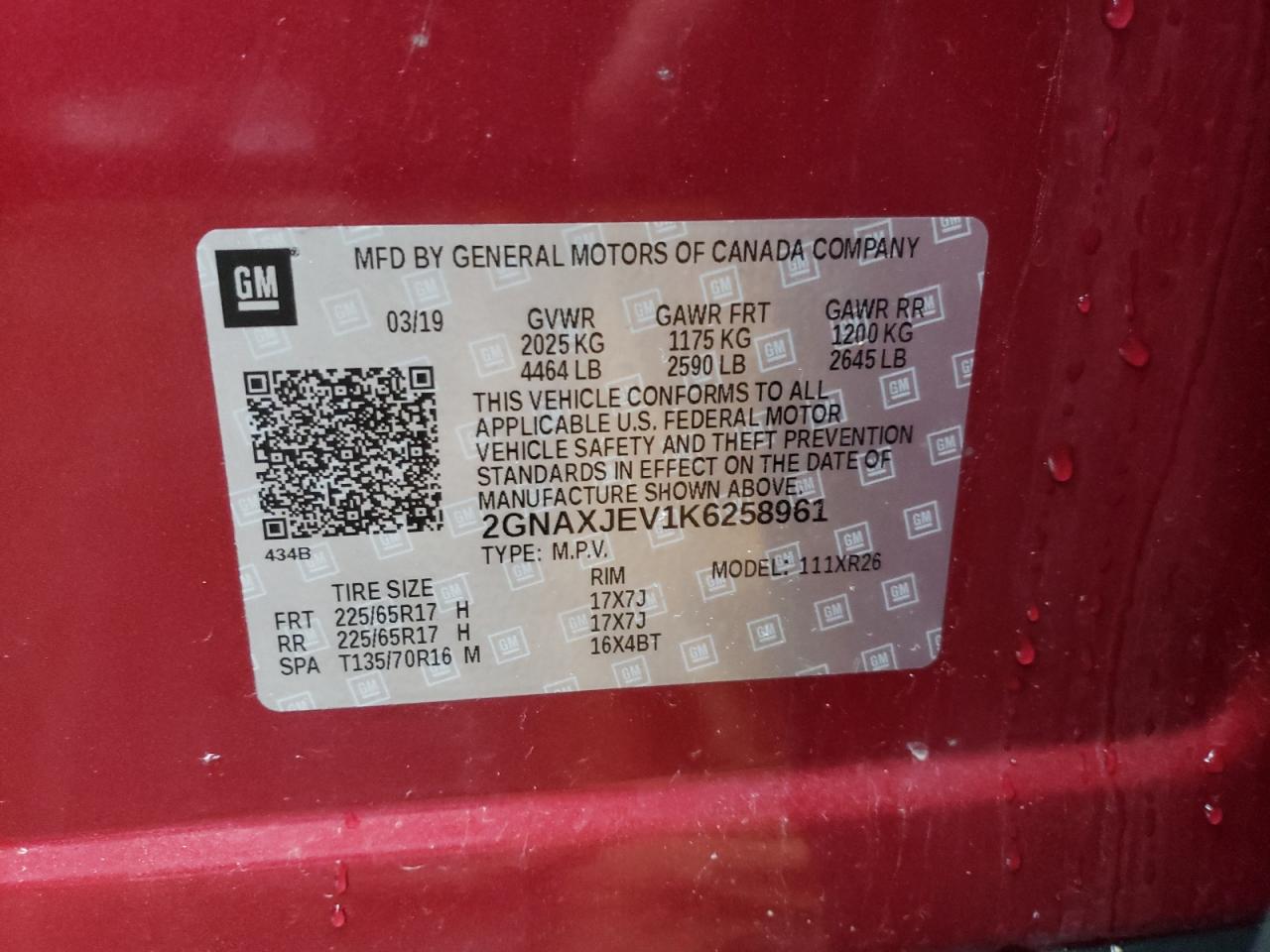 Photo 10 from auction – 2019 CHEVROLET EQUINOX LT with VIN 2GNAXJEV1K6258961
