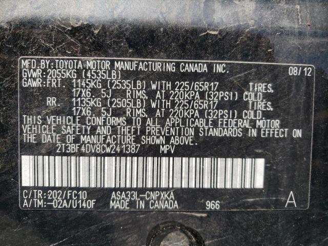 Photo 10 from auction – 2012 TOYOTA RAV4 with VIN 2T3BF4DV8CW241387