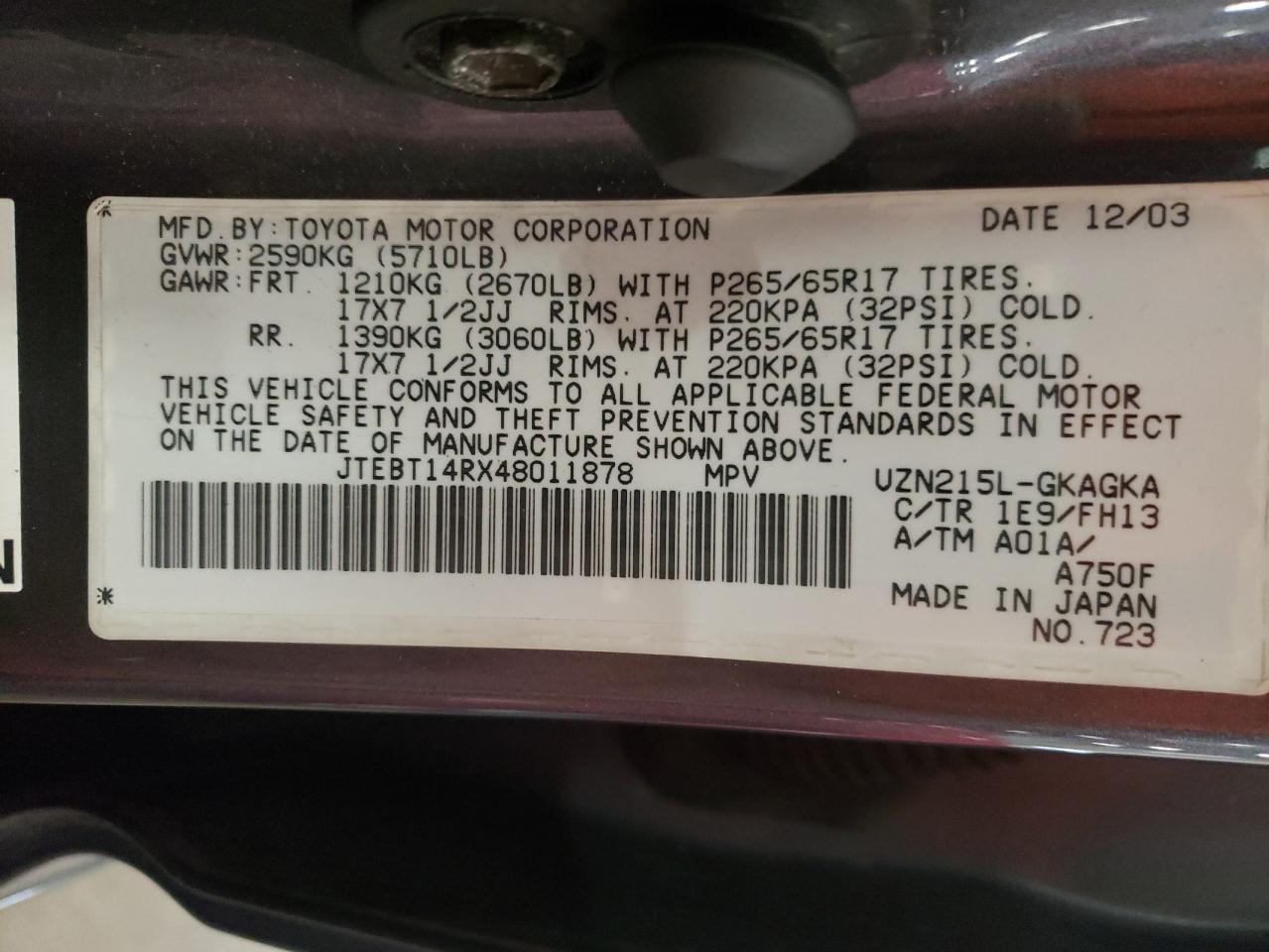 Photo 10 from auction – 2004 TOYOTA 4RUNNER SR with VIN JTEBT14RX48011878