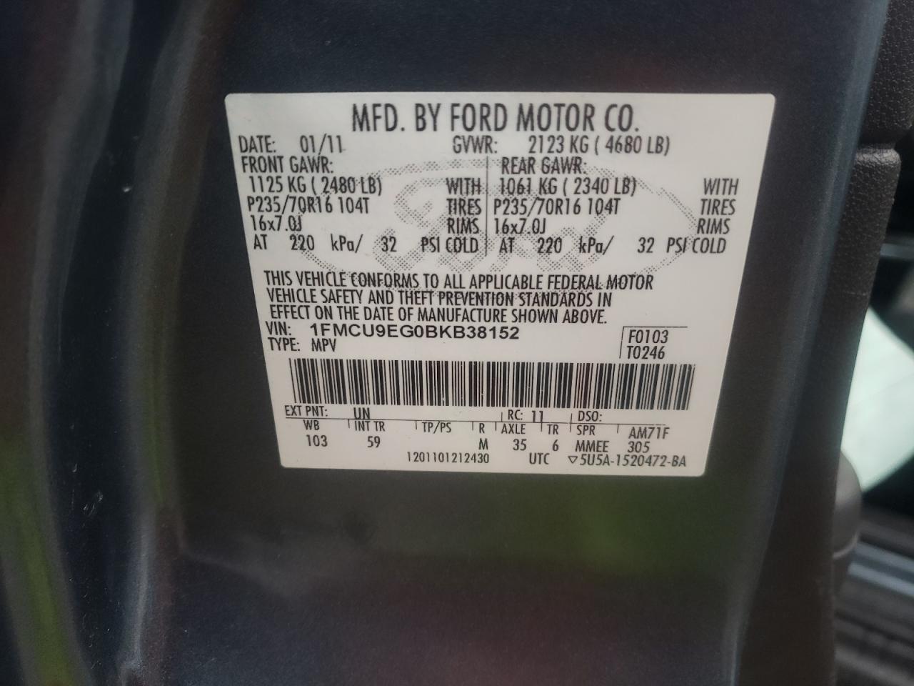 Photo 10 from auction – 2011 FORD ESCAPE LIM with VIN 1FMCU9EG0BKB38152